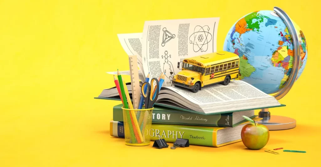 back school education learning concept school accessories books textbooks school bus pencils globe e1692988681269