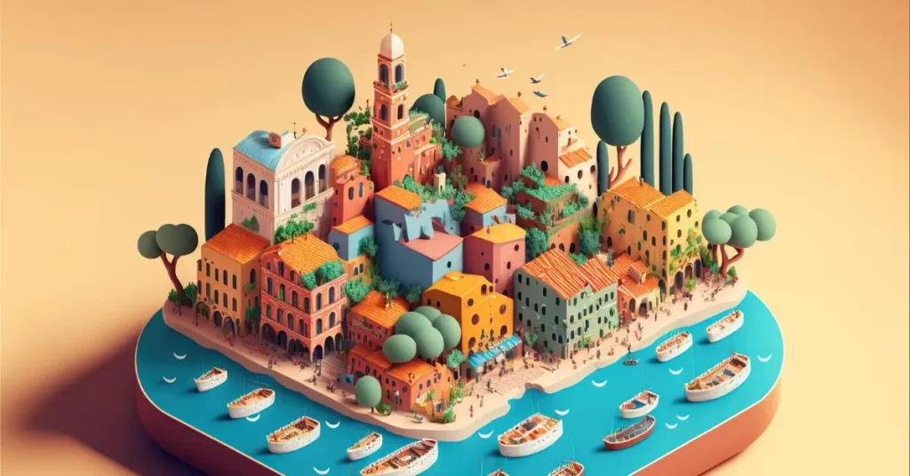 cute isometric floating city spain 3d render generative ai illustrationS e1692732326908